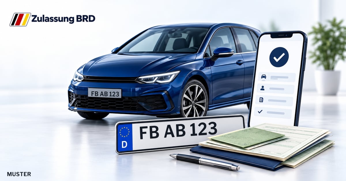 Online Fahrzeugzulassung in Wöllstadt: Musterkennzeichen FB AB 123, Auto und Fahrzeugpapiere und Smartphone. Illustration mit Logo von Zulassung BRD.